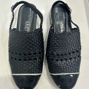 Chanel woven black leather slingbacks
